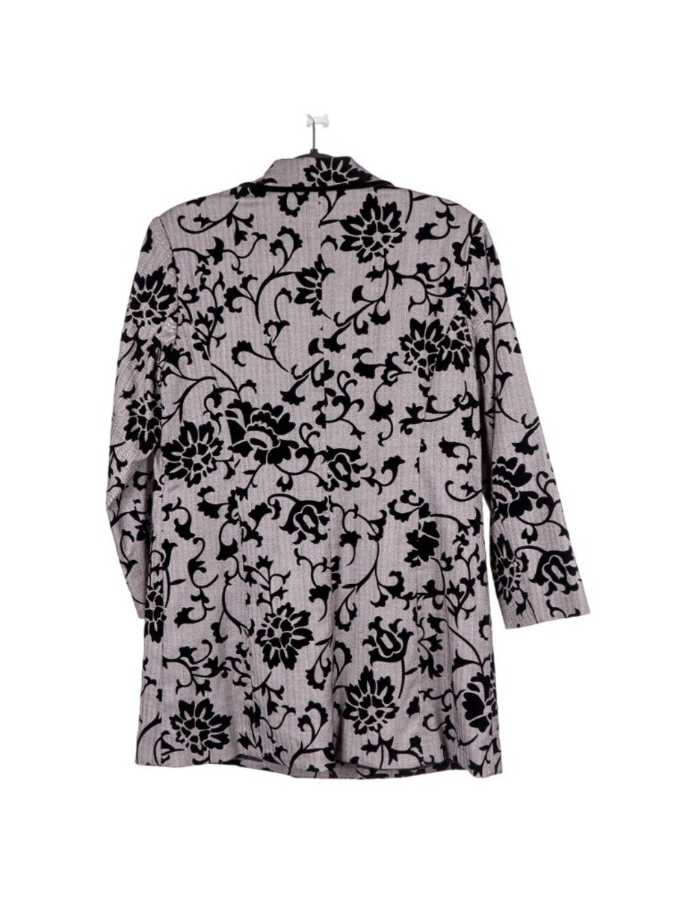Floral Herringbone Jacket M Women Long Buttons Velour Accent Gray Black - Picture 6 of 6
